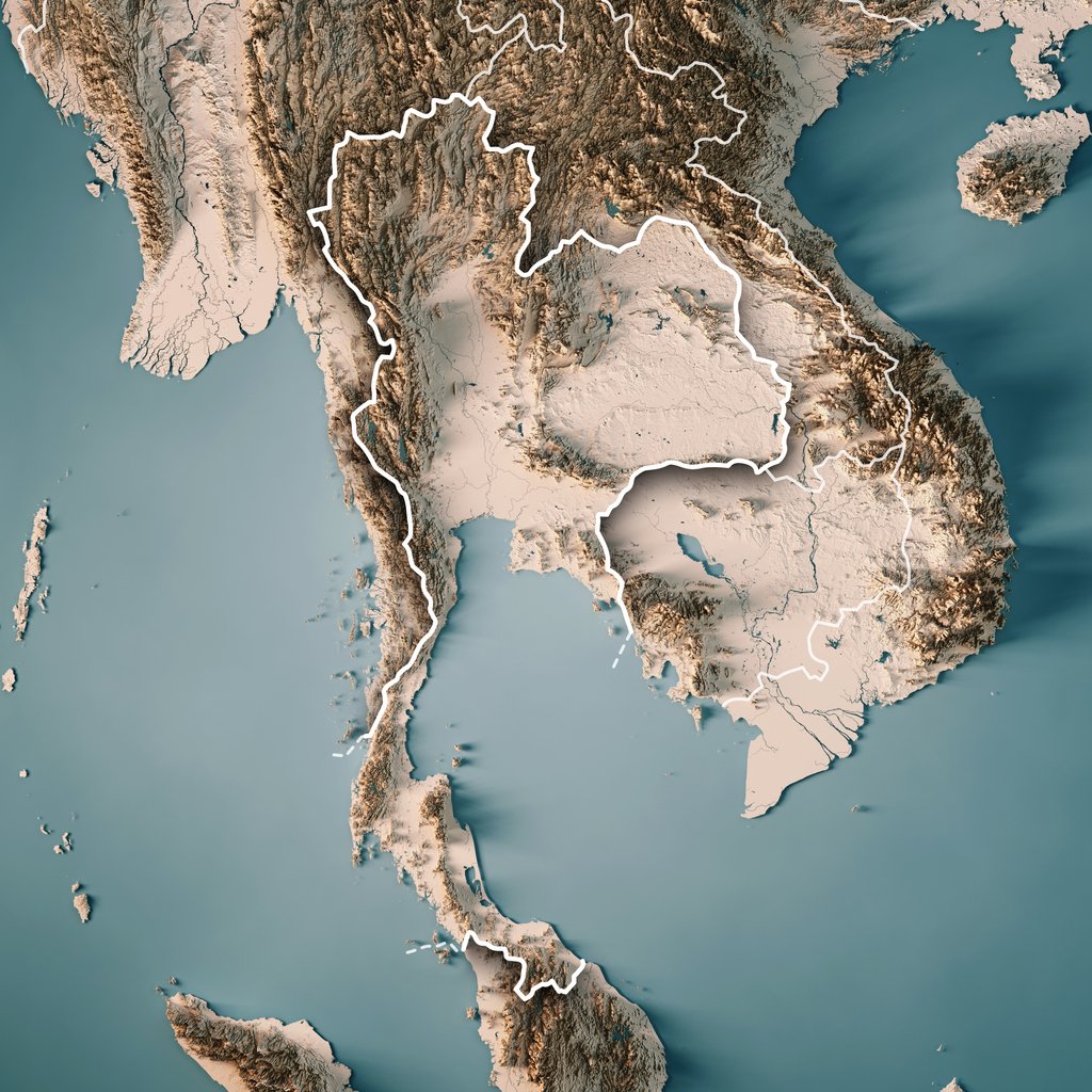 Thailand 3D Render Topographic Map Neutral Border